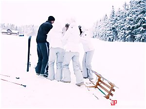 Playful skier Nikky dream takes her trainer's boner in the snow